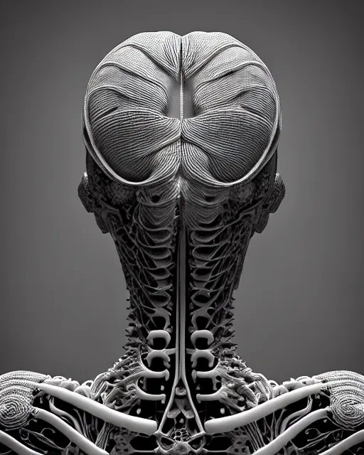 Image similar to mythical black and white organic bio-mechanical spinal ribbed profile face portrait detail of mechanical beautiful female angelic-vegetal-cyborg, highly detailed, intricate steampunk ornate, poetic, 3D render, digital art, octane render, 8K artistic photography, photo-realistic, by Dora Maar