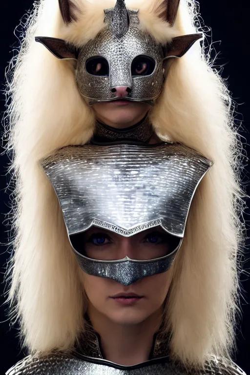 Image similar to female knight wearing a real cat on her head, armor designed by wayne barlowe, swarovski and tiffany, blonde hair, symmetry, sci - fi, cinematic, elegant, luxury, perfect light, perfect composition, dlsr photography, sharp focus, dark fantasy, 4 k, ultra hd, sense of awe, highly detailed, realistic, intricate