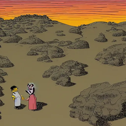 Prompt: the simpsons wandering the desert by moebius jean giraud