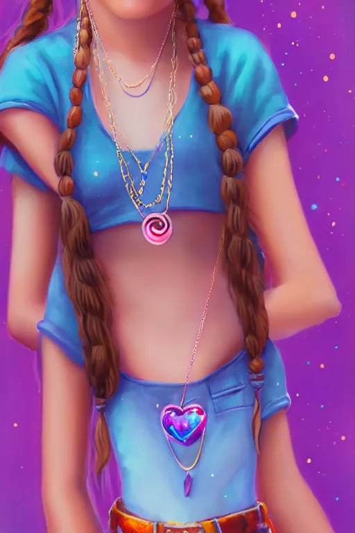 Image similar to matte sharp painting cute little girl hippy denim bellbottom bead necklace, painted by mark rydel artstation behance storybook lisa frank