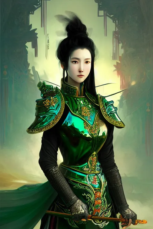 Prompt: portrait black hair young knights of Dynasty Warriors girl, metallic green armor, in ruin fire chinese palace sunrise, ssci-fi and fantasy, intricate and very beautiful and elegant, highly detailed, soft light, artstation, concept art, smooth and sharp focus, illustration, art by tian zi and WLOP and alphonse mucha