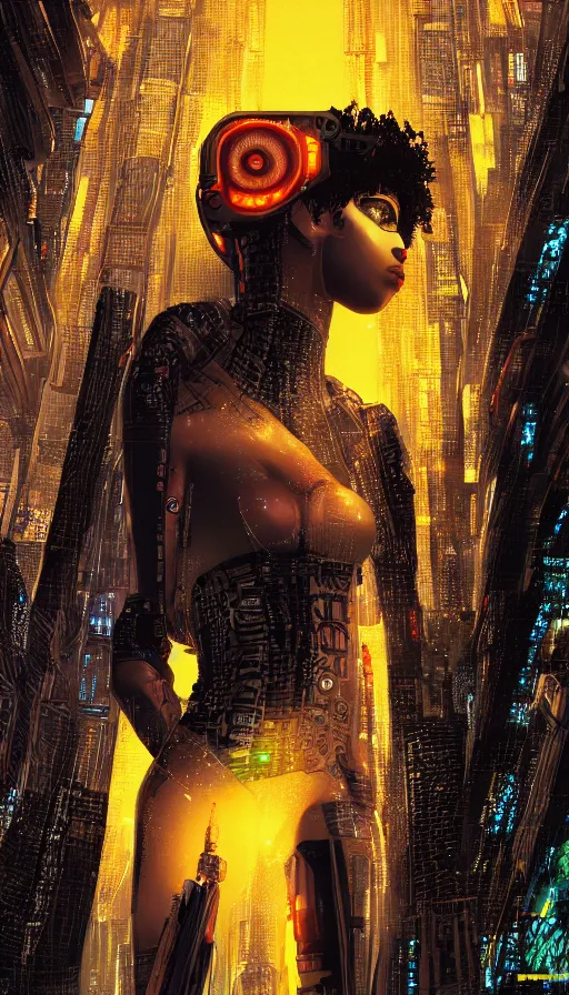 Image similar to a beautiful young Black woman, cyberpunk, Blade Runner city background, highly detailed, 8K, artstation, illustration, art by Gustav Klimt