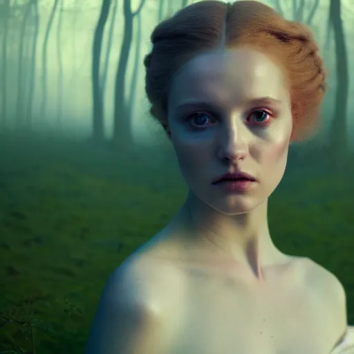 Image similar to photographic portrait of a stunningly beautiful english renaissance female in soft dreamy light at sunset, alien forest, soft focus, contemporary fashion shoot, in a denis villeneuve and tim burton movie, by edward robert hughes, annie leibovitz and steve mccurry, david lazar, jimmy nelsson, extremely detailed, breathtaking, hyperrealistic, perfect face, octane render