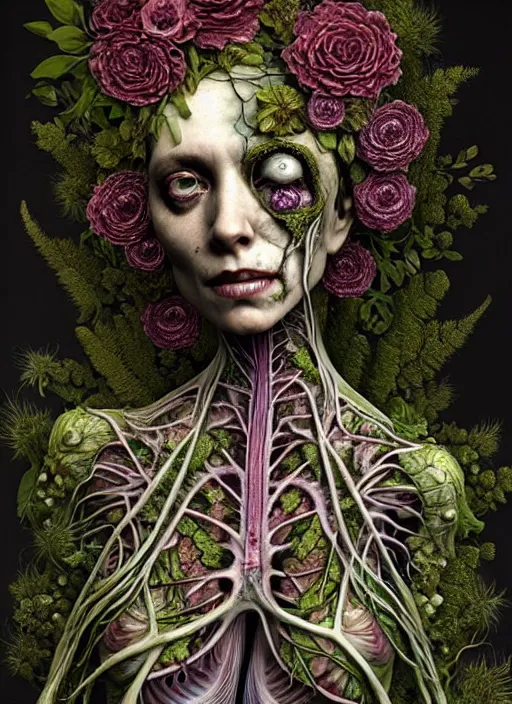 Image similar to beautiful and detailed rotten woman corpse with fractal plants and fractal flowers growing around, muscles, veins, arteries, intricate, organs, ornate, surreal, ray caesar, john constable, guy denning, dan hillier