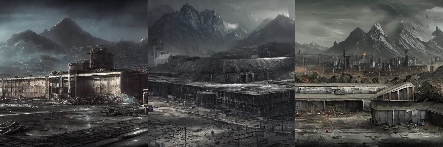 Prompt: a highly detailed matte painting of a huge derelict starbase, industrial building in background, dark background, mountains in background, half-life, dark smoke in distance, realism, medium details, blurry, ArtStation, unreal, art by zhu liu WarHammer 40k by Jose Daniel Cabrera Pena and Leonid Kozienko, concept art by Tooth Wu, octane render, cinematic, hyper realism, octane render, 8k, iridescent accents. vibrant, teal and gold blue red dark noir colour scheme
