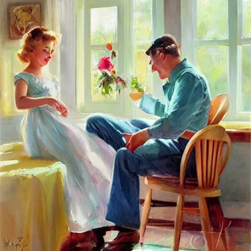 Image similar to 1950s Americana, domestic scene, family, romantic, inviting, cozy, painting Vladimir Volegov