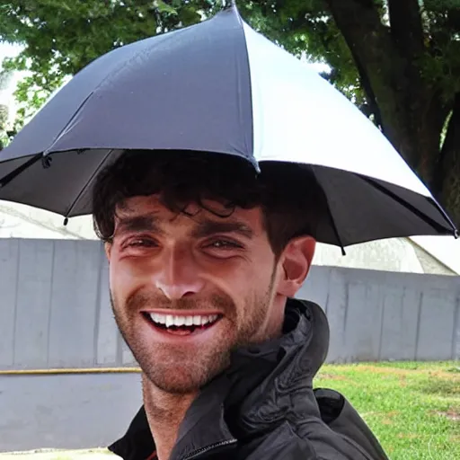 Prompt: gigachad under an umbrella grinning