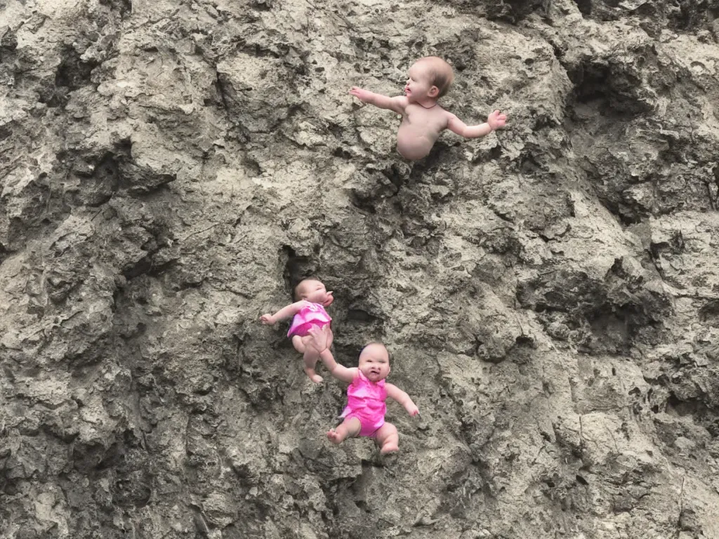 Prompt: a baby diving off a cliff, applauding onlookers