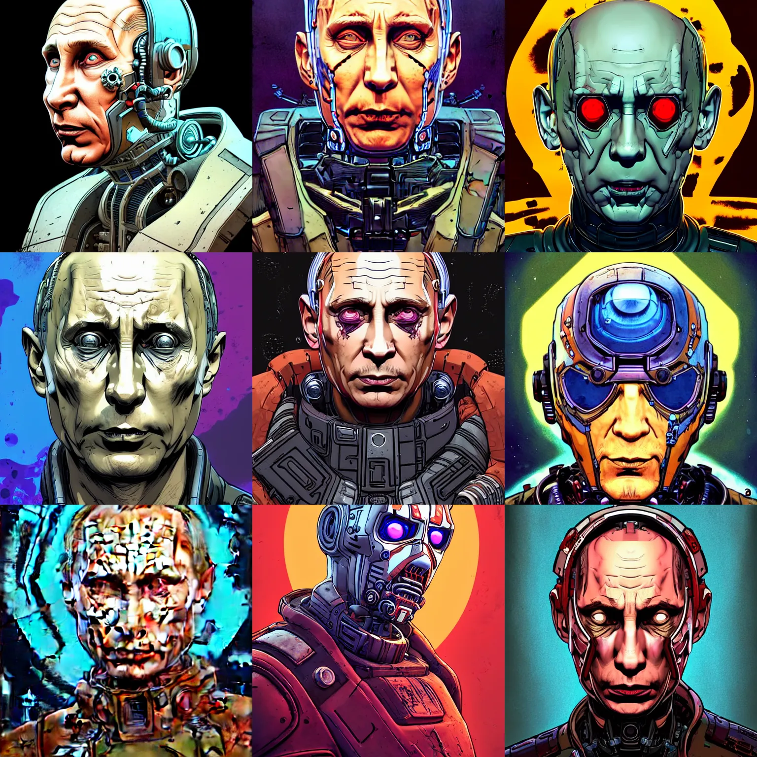 Prompt: cell shaded head portrait of a cybernetic vladimir putin as Borderlands 3 concept art, llustration, post grunge, concept art by josan gonzales and wlop, by james jean, Victo ngai, David Rubín, Mike Mignola, Laurie Greasley, highly detailed, sharp focus,alien,Trending on Artstation, HQ, deviantart, art by artgem