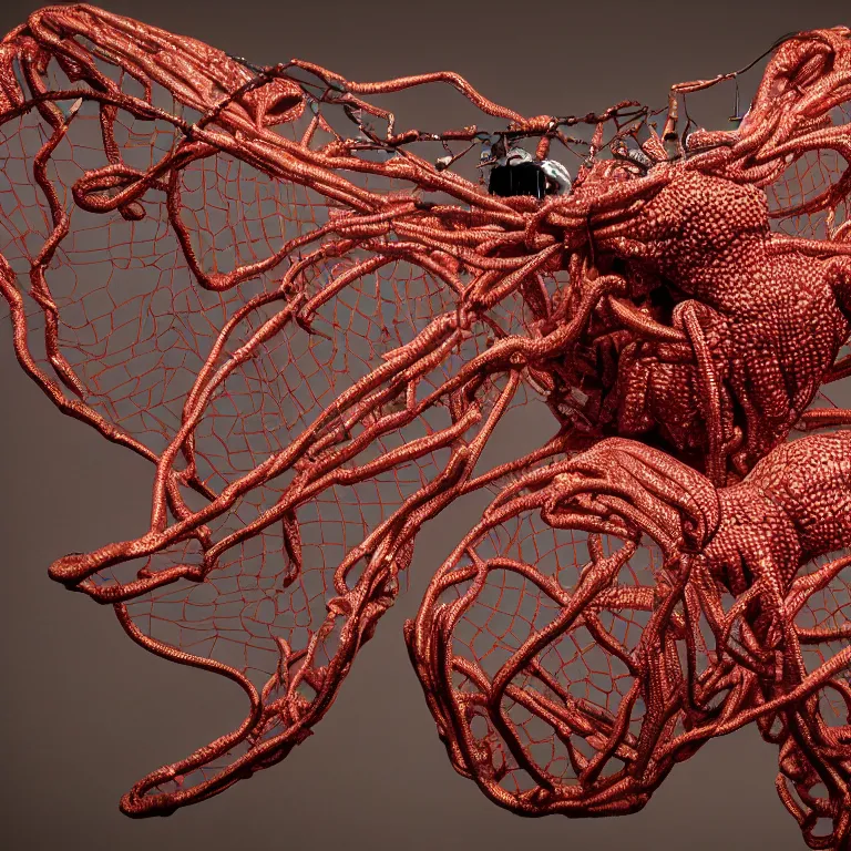 Prompt: hyperrealistic sculpture of a bronze fossilized cecropia moth spider in a large mesh cage made of magenta nylon wire and latex on a pedestal by ron mueck and duane hanson and lee bontecou, hyperrealistic dramatic colored lighting trending on artstation 8 k