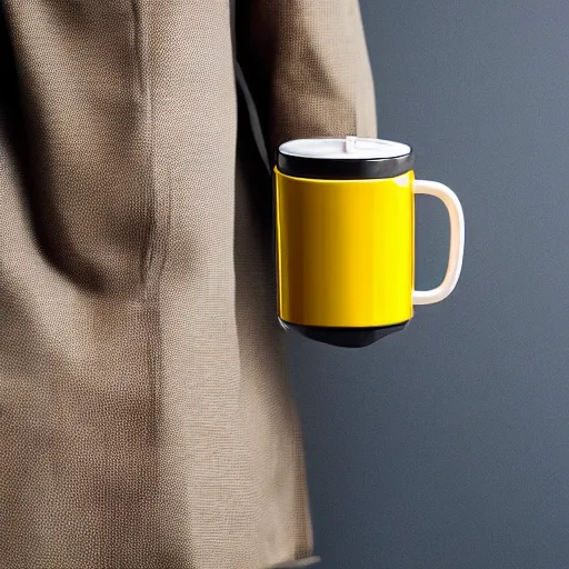 Prompt: yellow coffee mug that looks similar to a rimowa portmanteau with leather handle