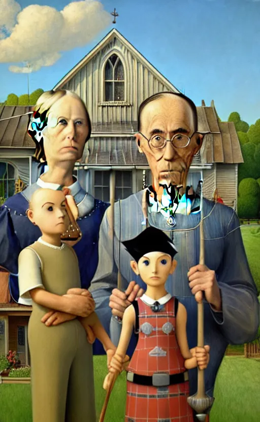 Image similar to American Gothic by Grant Wood in the style of Kingdom Hearts concept art, 8k resolution, trending on artstation