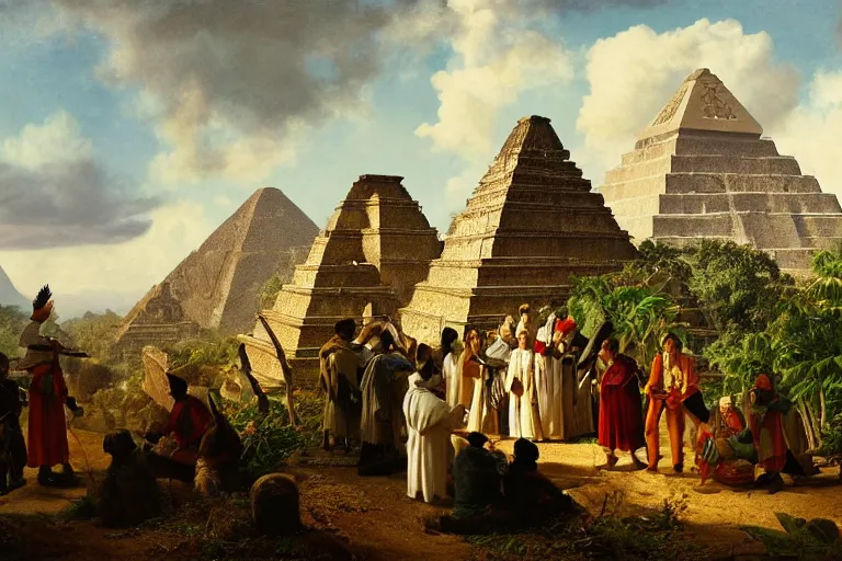 Image similar to Priests gathering at Aztec pyramid in jungle by Ludwig Deutsch and Rudolf Ernst, strong dramatic cinematic lighting, lost civilizations, smooth, sharp focus, extremely detailed