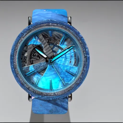 Prompt: a luxury wristwatch made out of blue ice, attached to a molten metal rod, unreal engine