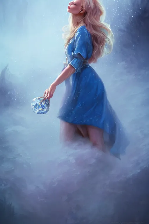 Image similar to detailed portrait of a beautiful blonde haired woman with sparkling blue eyes, elegant, blue cotton dress, background is a fountain in the park, in the style of peter mohrbacher, artgerm, dramatic lighting and composition, pink fog background, octane render, trending on artstation, concept art 8 k