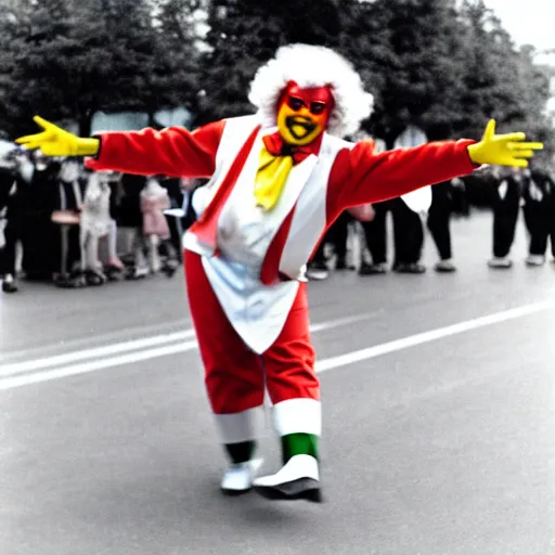 Image similar to ronald mcdonald dancing in a chicken battery.