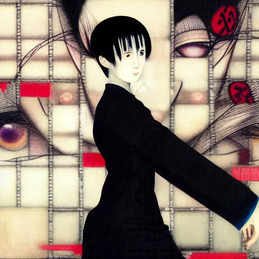 Image similar to yoshitaka amano blurred and dreamy realistic three quarter angle portrait of a woman with white hair and black eyes wearing dress suit with tie, junji ito abstract patterns in the background, satoshi kon anime, noisy film grain effect, highly detailed, renaissance oil painting, weird portrait angle, blurred lost edges