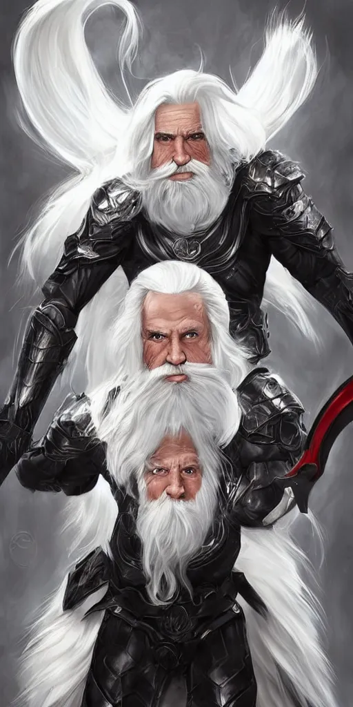 Image similar to an 8 0 year old man with long white hair and a white beard poses in his black armor and sword, art by artgerm