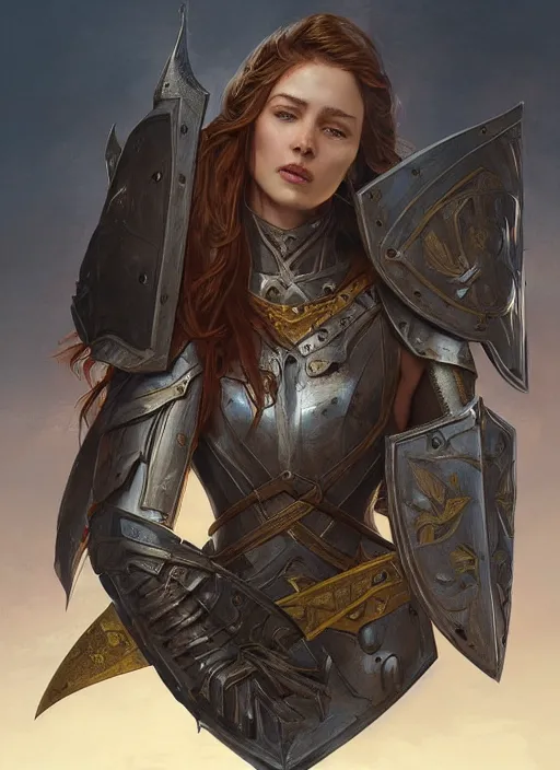 Image similar to portrait of a rugged female as a bruised knight with a shield and armor, fantasy, intricate, headshot, highly detailed, digital painting, artstation, concept art, sharp focus, cinematic lighting, illustration, art by artgerm and greg rutkowski, alphonse mucha, cgsociety