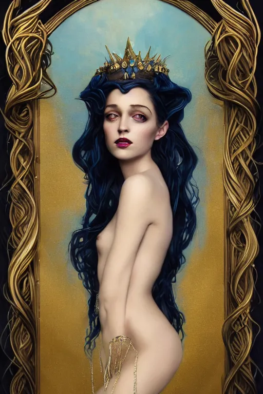 Image similar to a beautiful dark androgynous mermaid, pinup pose, long hair, tall and thin, wearing dozens of pendants and a gown of gold, small delicate crown of the sea on her head, illustration, dramatic lighting, soft details, painting oil on canvas, (art nouveau), octane render, HDR, 4k, 8k, HD, by Tom Bagshaw, Brom, Charlie Bowater, faces by otto schmidt