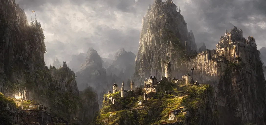 Minas Tirith, Gondor, magical, evening, Tolkien, Lord, Stable Diffusion