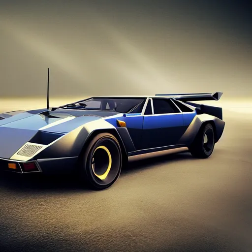 Image similar to an amalgamation of a lamborghini countach and a datsun 2 6 0 z, concept art, 8 k, highly detailed