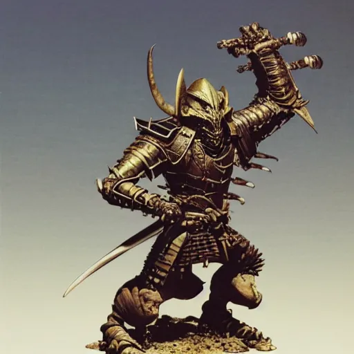 Prompt: quarter length portrait of an armored samurai hobgoblin, d & d, fantasy, greg rutkowski, frank frazetta, alexandre chaudret, boris vallejo, michael whelan, miro petrov, hr giger, magali villeneuve, donato giancola