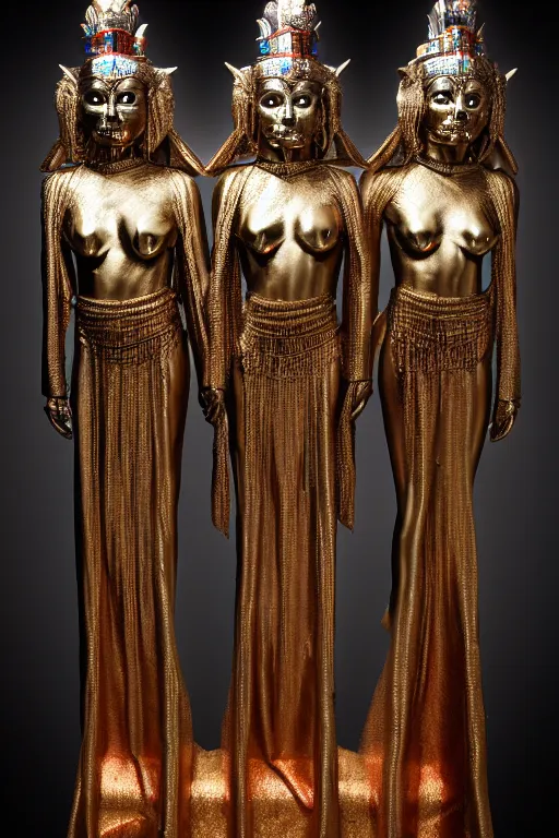 Prompt: chrome carved statue of inca goddess symmetrical three faces, metallic polished sculpture, dressed with a colorful wrapped silk cloak, made by antonio corradini, and dug stanat macabre art, dark surrealism, epic and cinematic view, volummetric light, texturized, detailed, 8 k