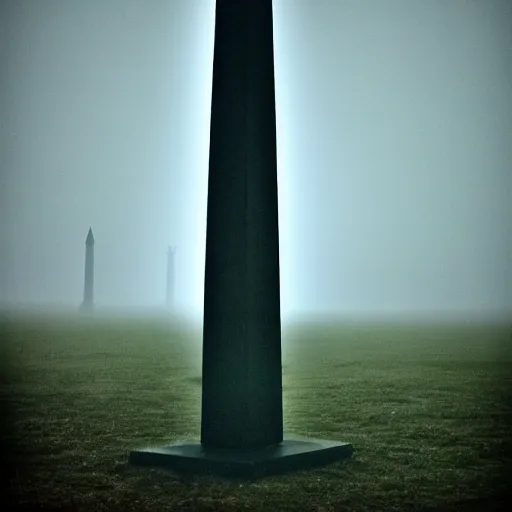 Prompt: magical glowing obelisk standing on a plain in the moonshine at night. foggy. eerie.