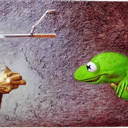 Image similar to kermit the frog shooting heroin by Peter Gric,