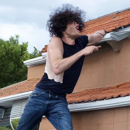 Prompt: photo of 40 year old tall skinny man with curly brown hair destroying a roof