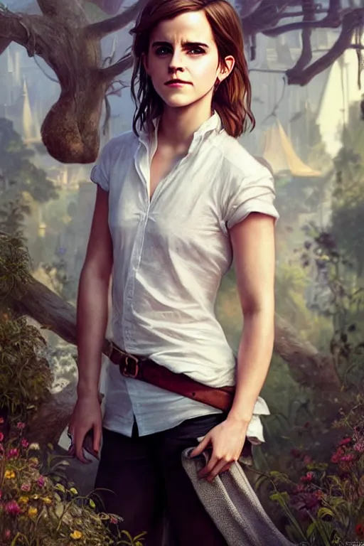 Prompt: emma watson wearing professional, covering and unassuming clothes going about her normal life, highly detailed, photorealistic, octane render, 8 k, unreal engine, art by artgerm and greg rutkowski and alphonse mucha