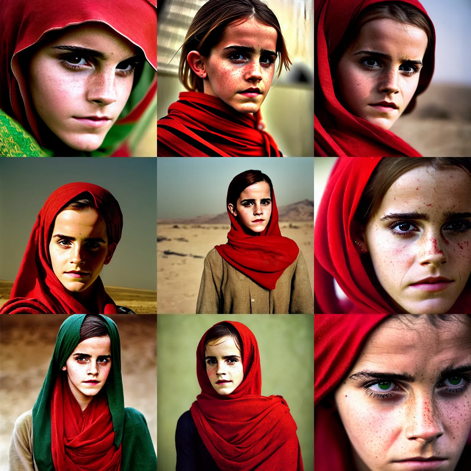 Prompt: portrait of emma watson as afghan girl, green eyes and red scarf looking intently, photograph by steve mccurry