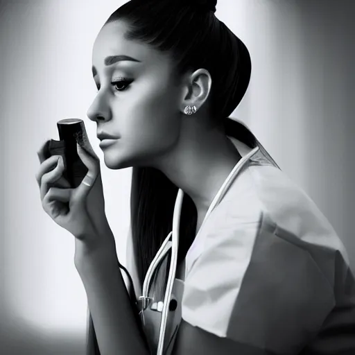 Image similar to ariana grande as a nurse, photography, moody lighting, realistic,