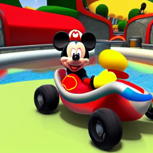 Image similar to mickey mouse in mario kart, unreal engine