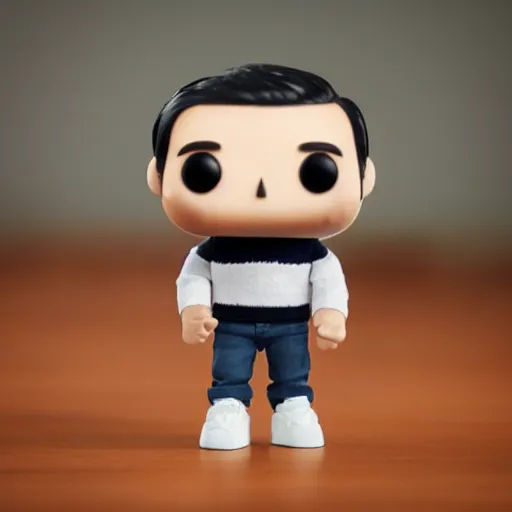 Image similar to a 21 year old skinny white guy with no beard and black hair in a navy blue sweater , jeans and grey shoes funko pop close up highly detailed photo