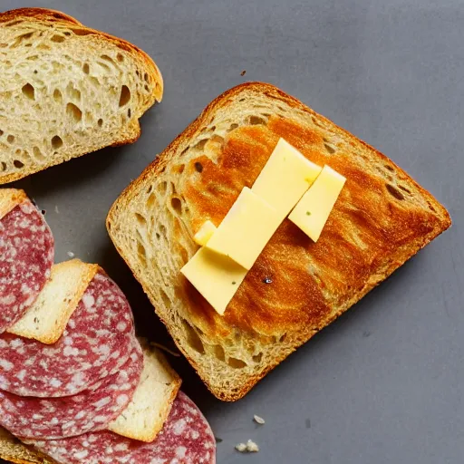 Prompt: a piece of bread with salami, cheese on top