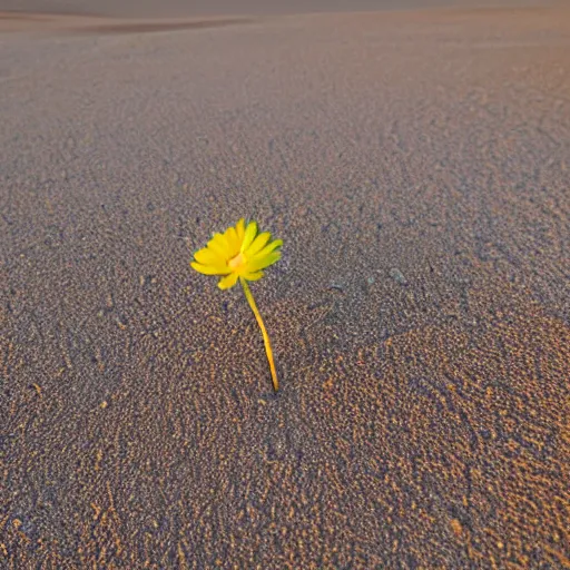 Prompt: a single small pretty desert flower blooms in the middle of a bleak arid empty desert and a large topaz sticks halfway out of the sand, sand dunes, clear sky, low angle, dramatic, cinematic, tranquil, alive, life.