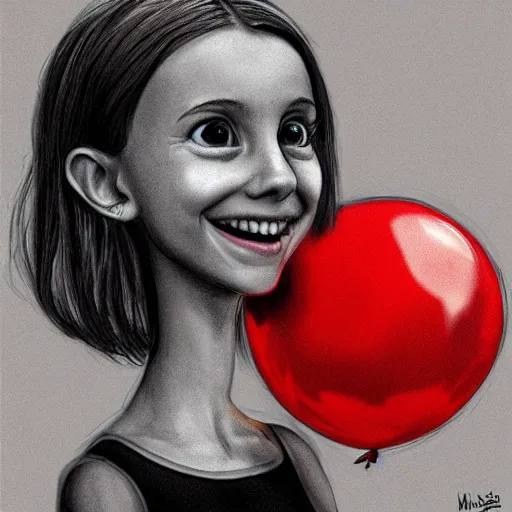 Image similar to surrealism grunge cartoon portrait sketch of millie bobby brown with a wide smile and a red balloon by - michael karcz, loony toons style, horror theme, detailed, elegant, intricate