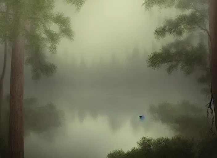 Image similar to swoock lake. a spooky lake always covered by mist and buzzing insects in a forested area. inspired by balaskas christopher