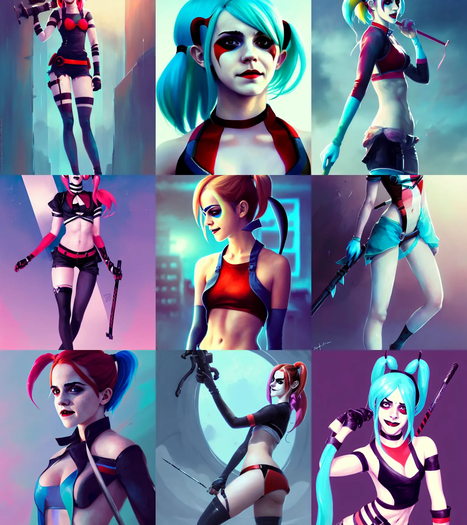 Prompt: attractive Emma Watson as Harley Quinn and Hatsune Miku, hourglass slim figure, full body shot close up, seductive smile, details, sharp focus, illustration, by Jordan Grimmer and greg rutkowski, Trending artstation, pixiv, digital Art