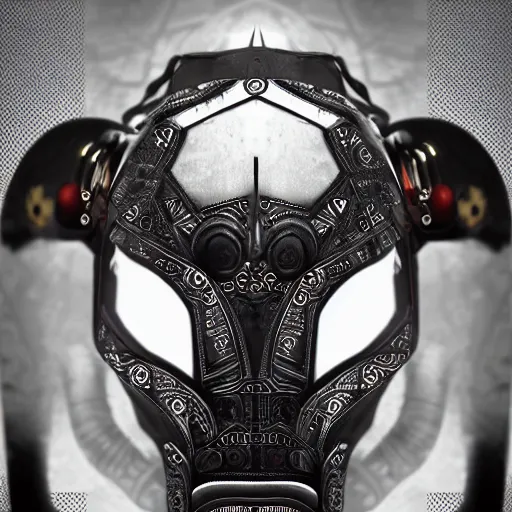 Image similar to futuristic elephant head, symmetrical, intricate black shaman ornaments, black oak patterns, iridescent reflection, mask big, mech mask, robotic ganesha head, mecha - elephant, white backround, graphic design, black white greys and red color, subsurface scattering, cyberpunk, unreal engine, octane render, imagined by devarshy