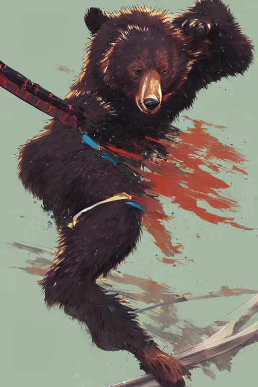 Prompt: key anime visuals rendering of a bear dressed as a ninja fighting with a katana. colorful design. higly detailed, intricate, greg rutkowski, directed by makoto shinkai, anime manga style, trending on art station.