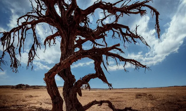 Image similar to medium shot of a crying ancient dried up Danu, peaceful, facing the camera and standing in front of a dried up river in a desolate land, dead trees, blue sky, hot and sunny, highly-detailed, elegant, dramatic lighting, artstation, 4k, cinematic landscape, photograph by Elisabeth Gadd