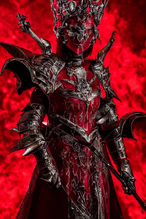 Image similar to the blood crown queen wears the scarlet armor on the bleeding throne, cinematic lighting, various refining methods, micro macro autofocus, ultra definition, award winning photo