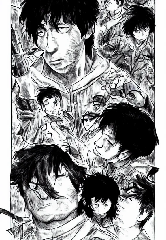 Prompt: manga about jackie chan as a soldier with ptsd, by kentaro miura