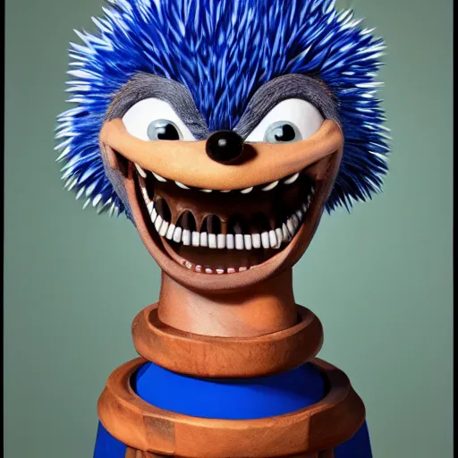 Image similar to anthropomorphic blue hedgehog with human teeth, studio portrait