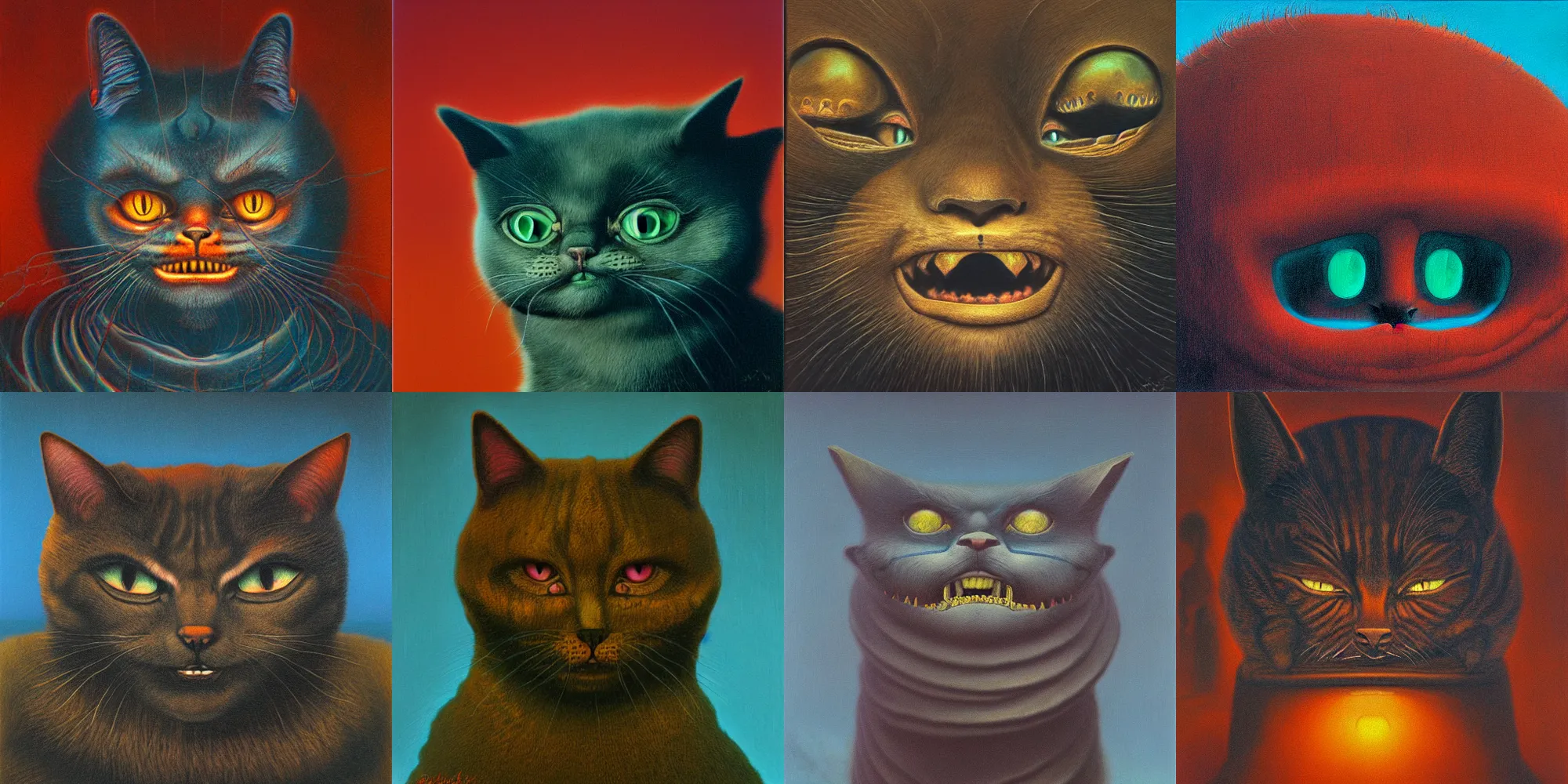 Image similar to grinning evil cat, HD, in style of beksinski, film grain, medium format, 8k resolution, oil on canvas