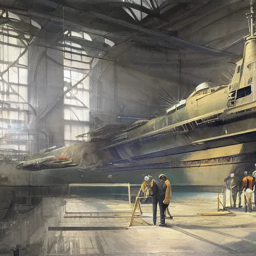 Image similar to two men looking at an American nuclear attack submarine in an indoor drydock, crane with heavy equipment overhead, highly detailed, artificial lighting, concept art, by artgerm and greg rutkowski and alphonse mucha