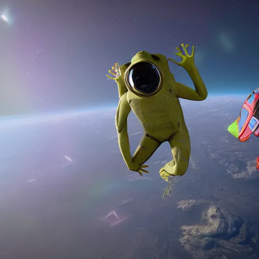 Image similar to frogman corps in space waving hi, unreal engine 6, 4 k, hyper realistic, extremely detailed, coherent,.